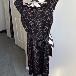 Connected apparel Black Lace Midi Dress with Satin Waist Tie - beautiful detail